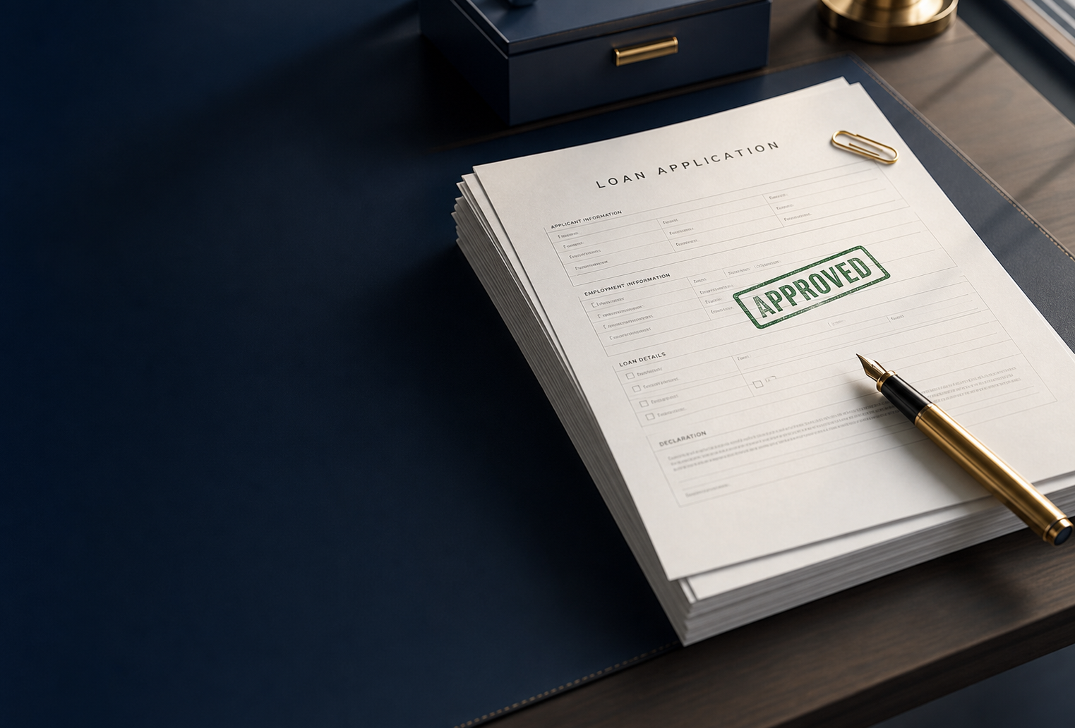 A neat stack of approved loan application forms on a formal office desk